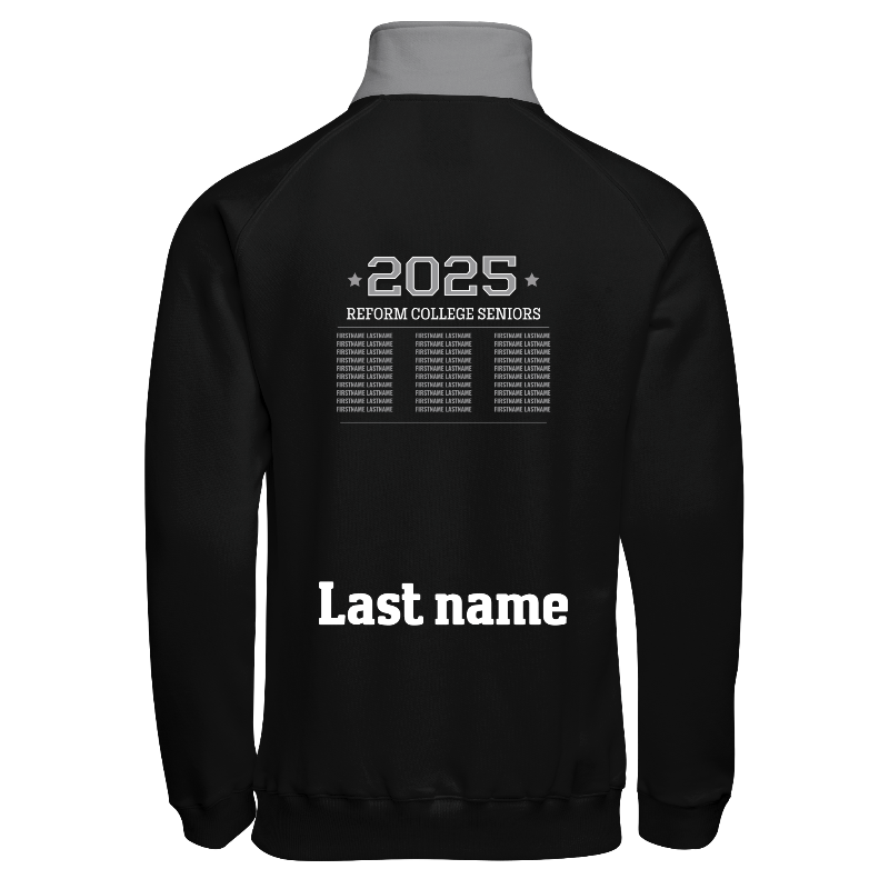 Back of Quarter-Zip Sweater in Black and Light Grey with ribbing in Black, Dark Grey and Light Grey and decoration on back center including a custom name for personalisation