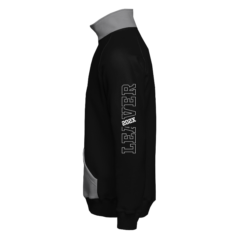 Left of Quarter-Zip Sweater in Black and Light Grey with ribbing in Black, Dark Grey and Light Grey and decoration on sleeve left