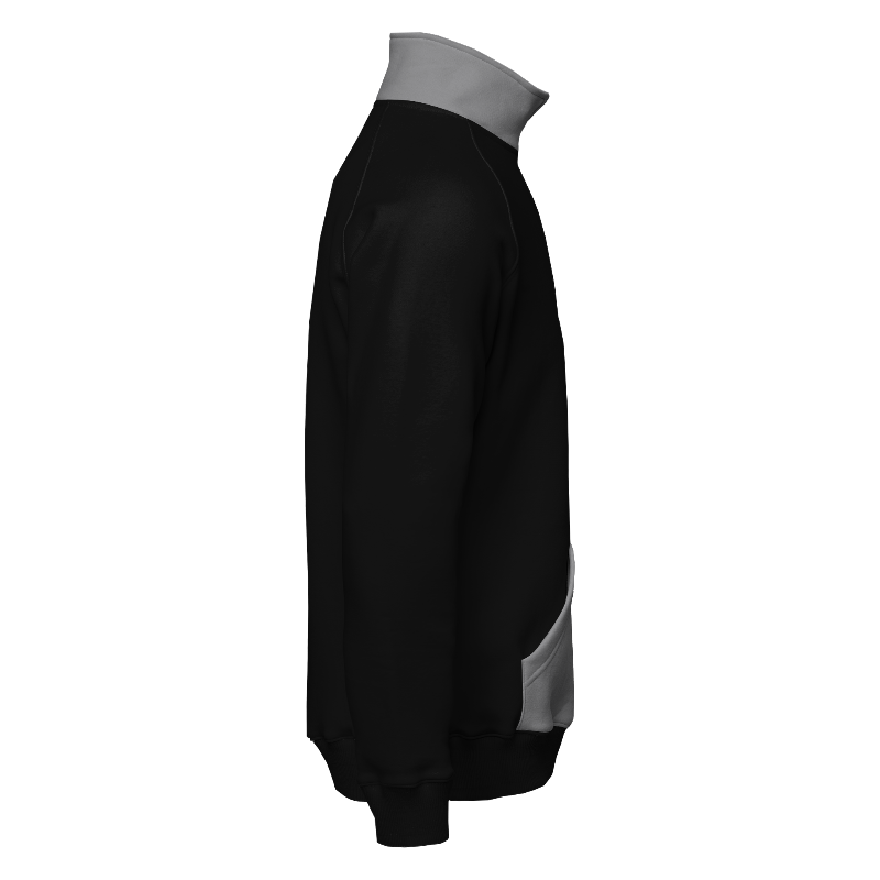 Right of Quarter-Zip Sweater in Black and Light Grey with ribbing in Black, Dark Grey and Light Grey