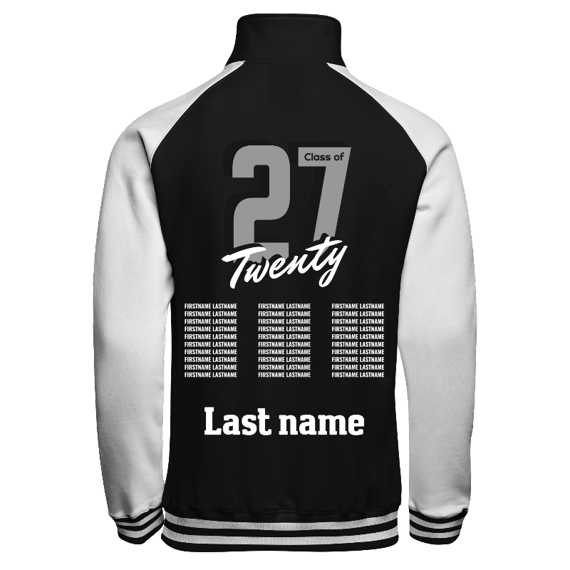 Back of Quarter-Zip Sweater in Black with White sleeves, ribbing in Black and White and decoration on back center including a custom name for personalisation