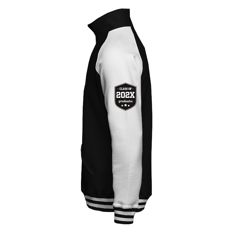 Left of Quarter-Zip Sweater in Black with White sleeves, ribbing in Black and White and decoration on sleeve left